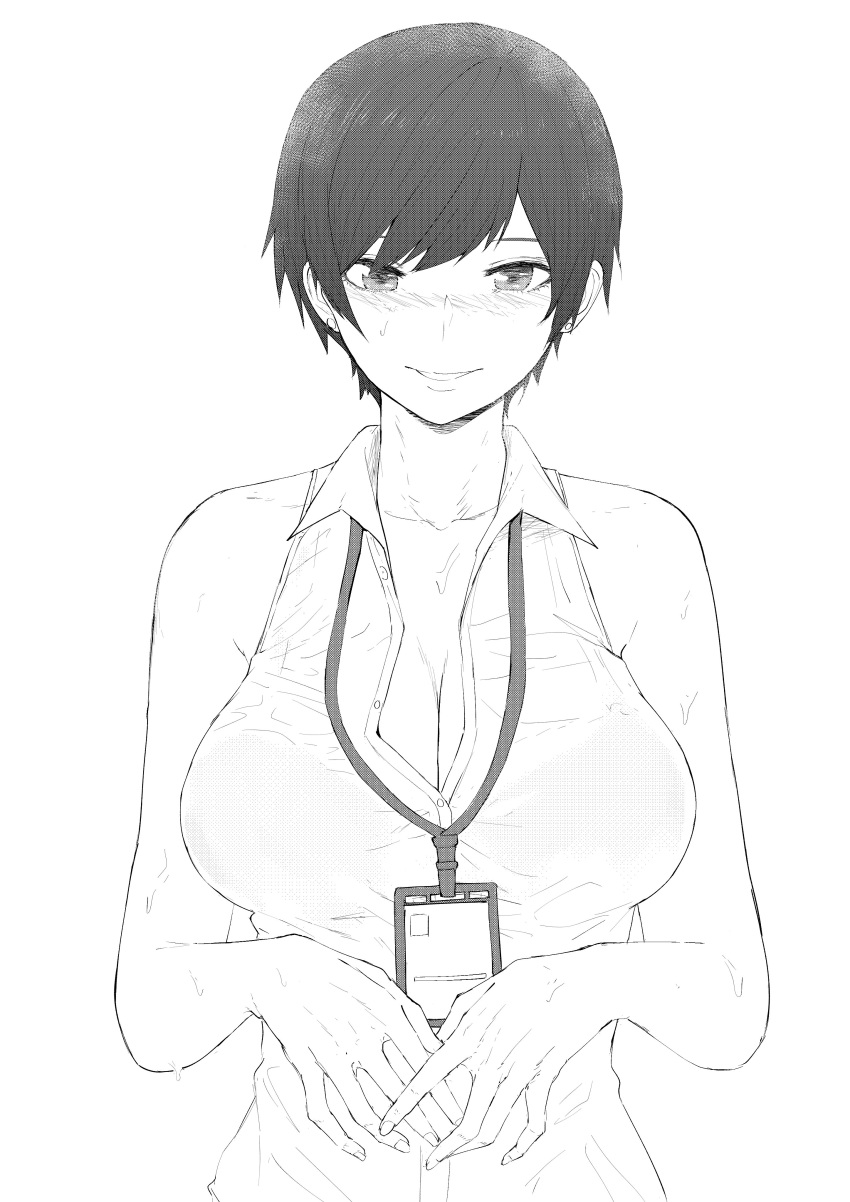 absurdres badge bangs bare_shoulders blush breasts cleavage collarbone collared_shirt commentary earrings facing_viewer formal greyscale highres id_card jewelry lanyard large_breasts looking_at_viewer monochrome name_tag norman_maggot office_lady ol-chan_(norman_maggot) original parted_lips pixie_cut see-through shirt short_hair sleeveless sleeveless_shirt smile solo sweat sweatdrop unbuttoned