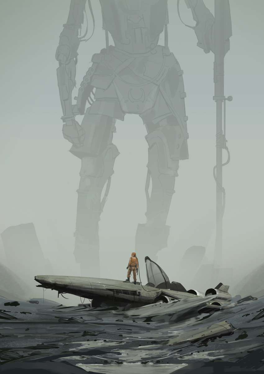 absurdres aircraft airplane black_footwear boots crash faiz_azhar fog from_behind grey_background helmet highres jet mecha original science_fiction solo standing uniform wide_shot