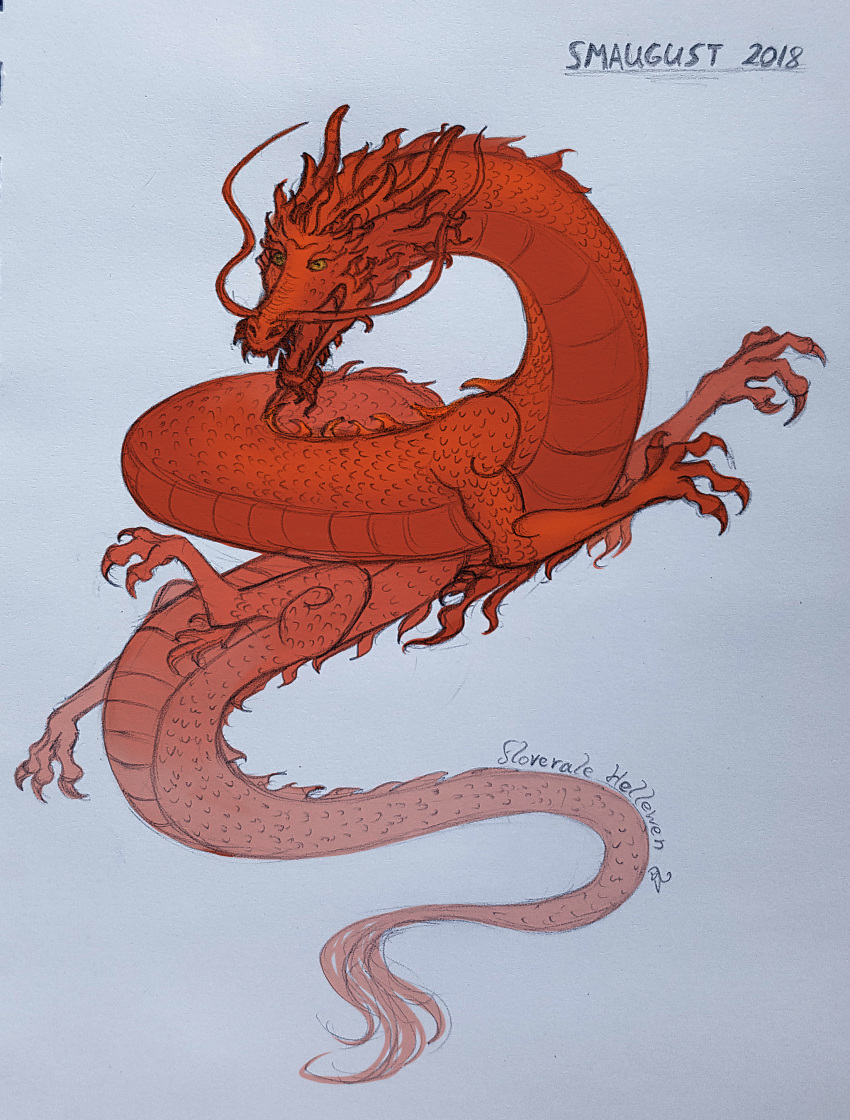 2018 claws dragon eastern_dragon feral floverale-hellewen horn red_scales scales solo traditional_media_(artwork)