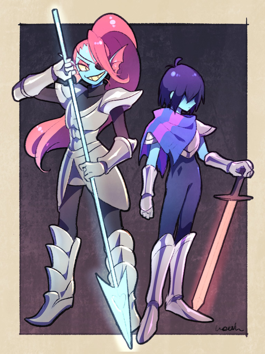 1other androgynous blue_skin deltarune eyepatch hair_over_eyes hair_over_one_eye head_fins highres kris_(deltarune) long_hair looking_at_viewer monster_girl noaharbre pink_scarf ponytail red_hair scarf sharp_teeth simple_background smile sword teeth undertale undyne weapon yellow_sclera