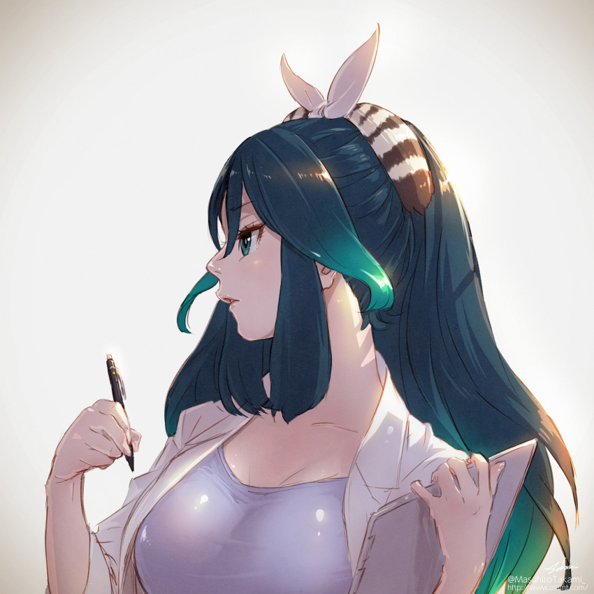blush breasts clipboard collarbone commentary_request eyebrows_visible_through_hair green_eyes green_hair hair_ribbon highres holding holding_clipboard holding_pen kako_(kemono_friends) kemono_friends labcoat large_breasts long_hair looking_away parted_lips pen ribbon signature solo takami_masahiro twitter_username upper_body watermark web_address white_ribbon
