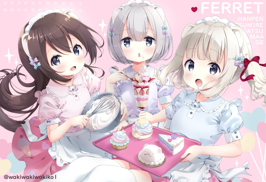:d animal_ears apron bangs blue_bow blue_shirt blush bow bowl brown_hair cake collared_shirt commentary_request cream cupcake eyebrows_visible_through_hair fang ferret_ears ferret_tail food food_on_face grey_eyes grey_hair hair_between_eyes hair_bow heart holding holding_bowl holding_spoon holding_tray light_brown_hair long_hair looking_at_viewer maid_headdress multiple_girls neki_(wakiko) open_mouth original parfait parted_lips pink_shirt puffy_short_sleeves puffy_sleeves purple_bow purple_shirt red_bow red_skirt shirt short_hair short_sleeves skirt slice_of_cake smile sparkle spoon thighhighs tray triangle_mouth twintails twitter_username very_long_hair waist_apron whisk white_apron white_legwear