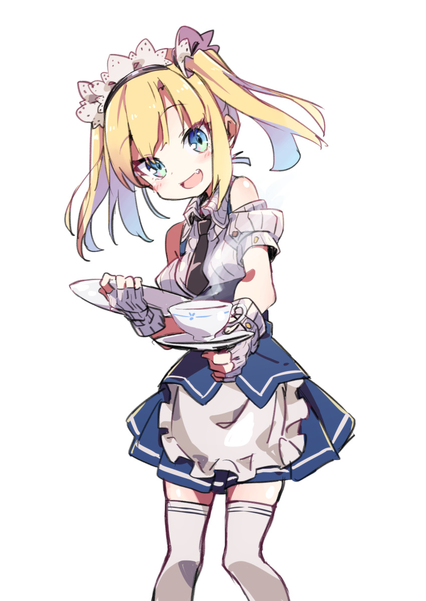 :d absurdres amaryllis_class apron bare_shoulders black_neckwear blonde_hair blue_eyes blue_skirt blush cup eyebrows_visible_through_hair fang fingerless_gloves gloves grey_gloves hairband head_tilt highres holding kotohara_hinari looking_at_viewer maid_apron maid_headdress necktie open_mouth skirt smile solo standing tama_(tama-s) teacup thighhighs transparent_background tray twintails virtual_youtuber white_legwear