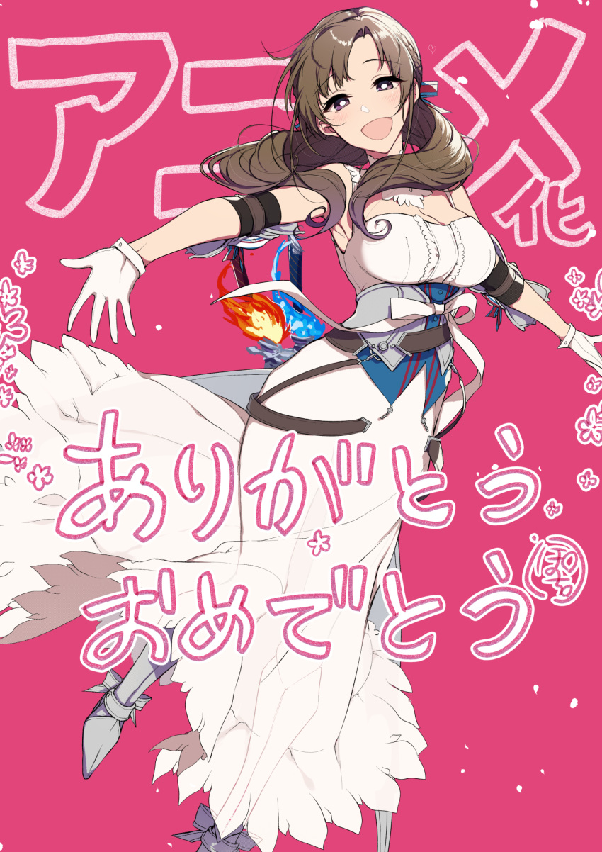 :d announcement_celebration blush boots breasts bright_pupils brown_eyes brown_hair cleavage commentary_request dress gloves highres large_breasts long_dress long_hair looking_at_viewer metal_boots oosuki_mamako open_mouth pink_background pochi_(pochi-goya) simple_background smile solo translated tsuujou_kougeki_ga_zentai_kougeki_de_ni-kai_kougeki_no_okaasan_wa_suki_desu_ka? white_dress white_gloves