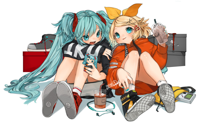 alternate_costume aqua_eyes aqua_nails artist_name bag bangs bare_legs black_footwear black_jacket blonde_hair blush box casual character_name commentary_request copyright_name cup drawstring drinking_glass drinking_straw eyebrows_visible_through_hair game_boy gotoh510 grey_footwear hair_between_eyes hair_ornament hair_ribbon hairclip hand_up handheld_game_console hatsune_miku heart heart_hair_ornament highres holding holding_cup hood hooded_jacket hoodie jacket kagamine_rin knees_up long_hair long_sleeves looking_at_viewer multiple_girls nail_polish open_mouth orange_hoodie orange_nails parted_lips red_footwear red_ribbon ribbon shadow shoes signature simple_background sitting skirt smile sneakers socks twintails very_long_hair vocaloid white_background white_legwear white_skirt wide_sleeves yellow_ribbon