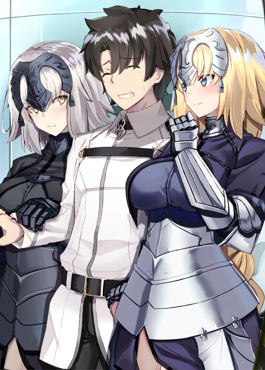2girls absurdres armor armored_dress black_armor black_hair blonde_hair blue_eyes blush braid breasts chain chaldea_uniform closed_eyes closed_mouth commentary_request dual_persona fate/grand_order fate_(series) fujimaru_ritsuka_(male) girl_sandwich headpiece highres holding_another's_arm holding_hands jeanne_d'arc_(alter)_(fate) jeanne_d'arc_(fate) jeanne_d'arc_(fate)_(all) large_breasts light_smile long_hair multiple_girls ninoude_(ninoude44) sandwiched short_hair silver_hair single_braid smile very_long_hair yellow_eyes