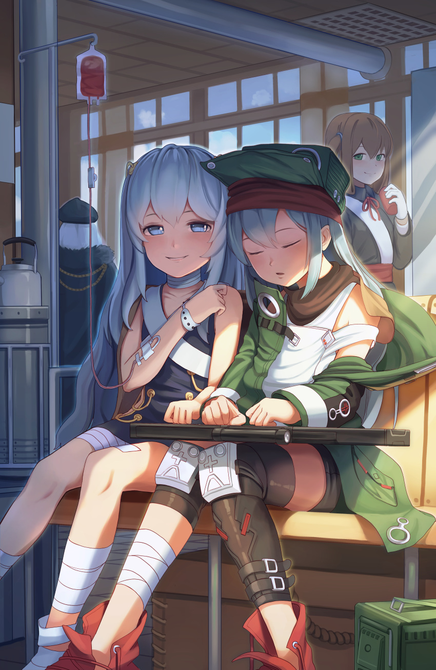 absurdres assault_rifle bandaged_feet bandaged_leg bandaged_neck bandages bangs beret black_hat black_shorts blood blue_eyes blush boots closed_mouth coat collarbone dress from_behind fur_trim g11 g11_(girls_frontline) girls_frontline goback green_eyes green_hat green_jacket gun hair_between_eyes hair_ornament hairclip hand_up hat highres holding holding_gun holding_object holding_weapon intravenous_drip jacket jacket_on_shoulders kar98k_(girls_frontline) knee_pads knees_together_feet_apart long_hair looking_at_another m1903_springfield_(girls_frontline) messy_hair multiple_girls open_clothes open_coat parted_lips red_footwear ribeyrolles_1918_(girls_frontline) rifle shorts shoulder_cutout silver_hair sitting sleeping smile submachine_gun very_long_hair wavy_hair weapon white_hair