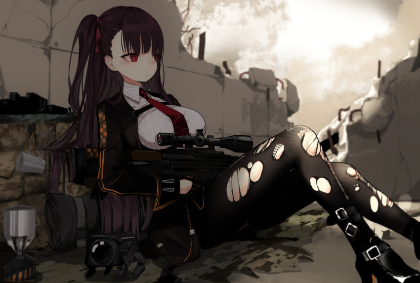 anthropomorphism braids breasts girls_frontline gloves gun long_hair naruwe pantyhose ponytail purple_hair red_eyes robot ruins shade tie torn_clothes wa2000_(girls_frontline) weapon