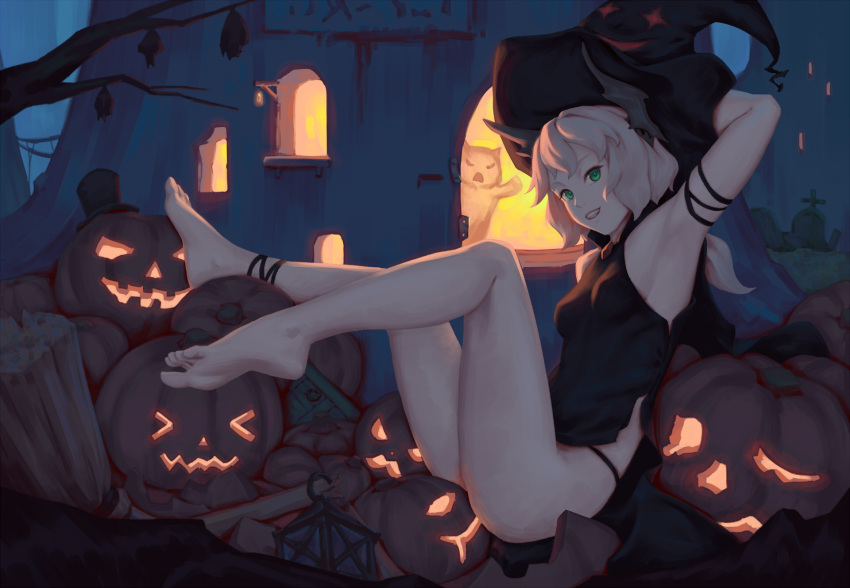 &gt;_&lt; armband armpits bare_legs barefoot bat bigrbear blonde_hair blue_eyes branch breasts camisole commentary_request feet from_side green_eyes halloween hat highres horns hut jack-o'-lantern long_hair looking_at_viewer looking_to_the_side night original outdoors pumpkin small_breasts smile solo tombstone witch_hat