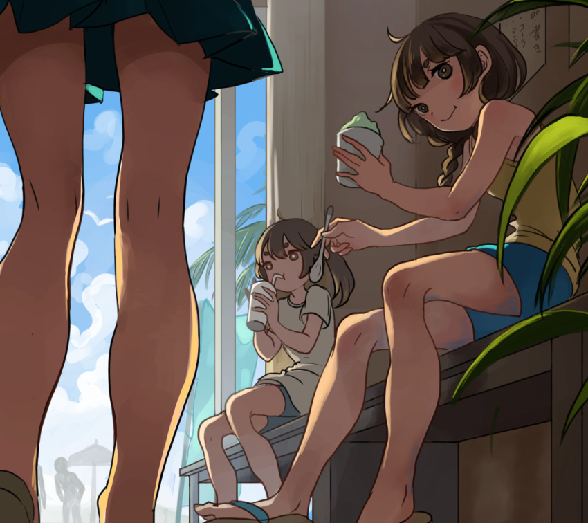 3girls :t bench blush drinking female multiple_girls original outdoors shorts sitting skirt smile tensen
