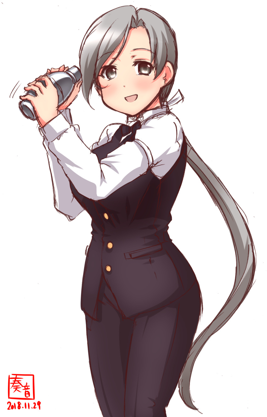 :d absurdres alcohol alternate_costume artist_logo bartender black_pants black_vest bow bowtie breasts chitose_(kantai_collection) cocktail_shaker collared_shirt commentary_request cowboy_shot dated eyebrows_visible_through_hair feet_out_of_frame formal grey_eyes grey_hair hair_between_eyes hair_over_shoulder hair_ribbon highres kanon_(kurogane_knights) kantai_collection long_hair long_sleeves looking_at_viewer medium_breasts open_mouth pant_suit pants pocket ponytail ribbon shake shaker shirt simple_background smile solo suit very_long_hair vest white_background white_ribbon white_shirt