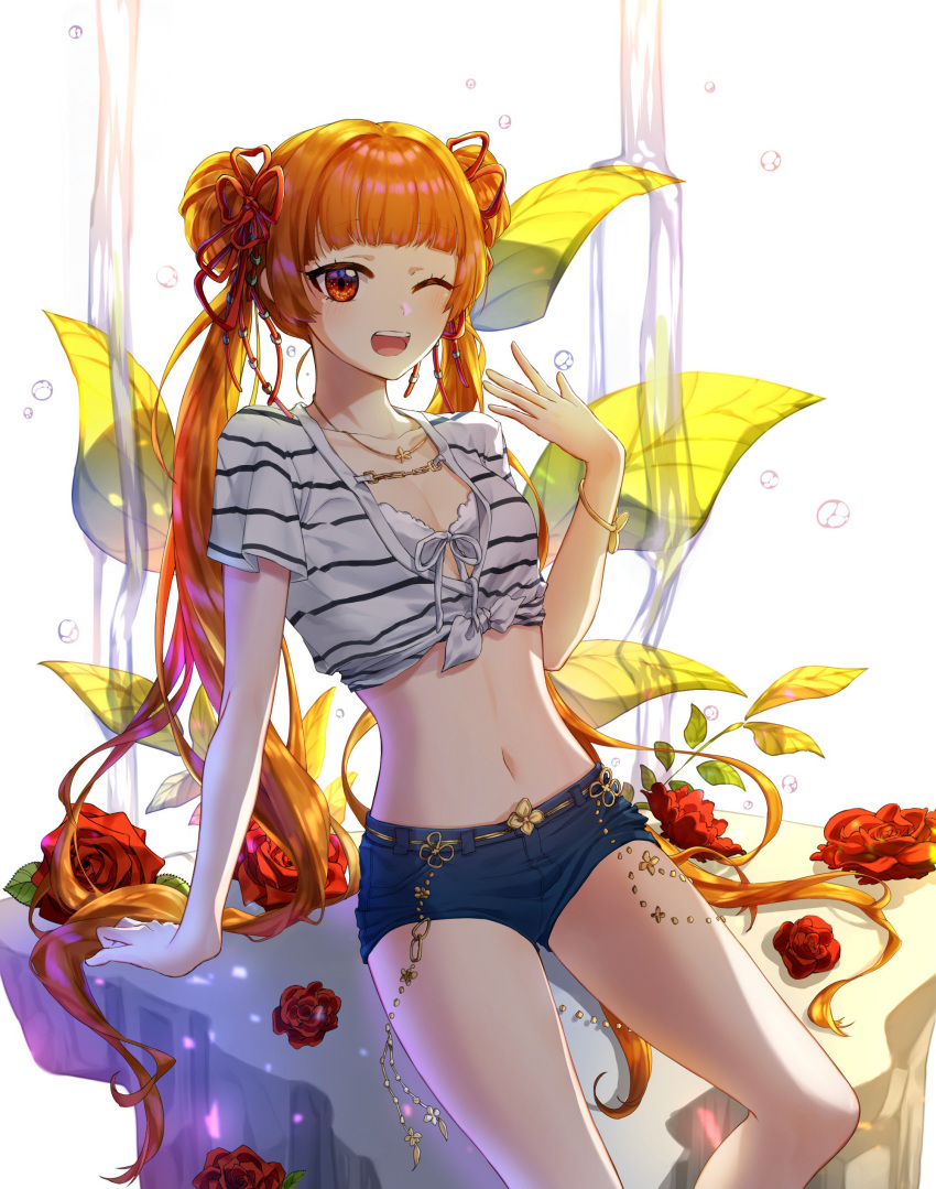 ;d absurdres arm_support blue_shorts bra breasts cleavage collarbone double_bun earrings flower hair_ribbon highres hm_(wonhml) jewelry leaning_back long_hair navel necklace one_eye_closed open_mouth orange_hair original red_eyes red_flower red_ribbon red_rose ribbon rose shirt short_shorts shorts small_breasts smile solo striped striped_shirt tied_shirt twintails underwear very_long_hair white_background white_bra white_shirt