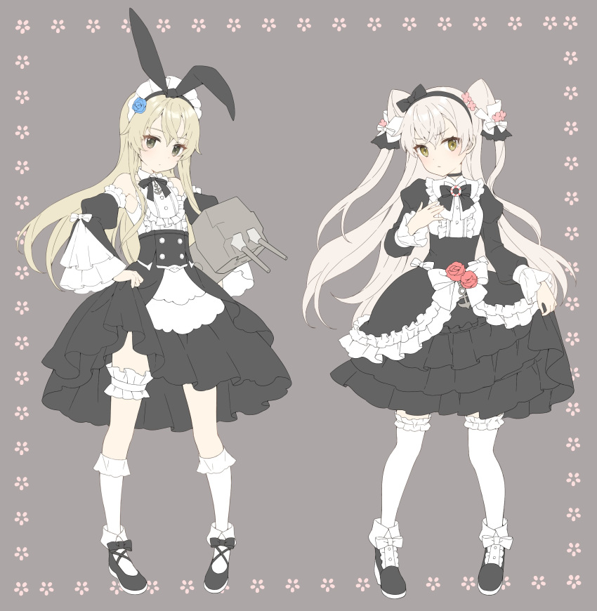 absurdres alternate_costume amatsukaze_(kantai_collection) anchor armpit_peek bangs bare_shoulders black_bow black_choker black_neckwear black_ribbon blonde_hair blue_flower blue_rose blush boot_bow bow choker commentary crossed_bangs detached_sleeves double-breasted dress eyebrows_visible_through_hair flower frilled_hairband frills full_body gothic_lolita grey_background grey_eyes hair_between_eyes hair_tubes hairband highres innertube kantai_collection kneehighs layered_dress lifebuoy lolita_fashion long_hair long_sleeves looking_at_viewer multiple_girls neck_ribbon pigeon-toed red_flower red_rose rensouhou-chan ribbon rose shimakaze_(kantai_collection) shiosoda silver_hair simple_background skirt_hold thigh_strap thighhighs turret two_side_up white_bow wide_sleeves