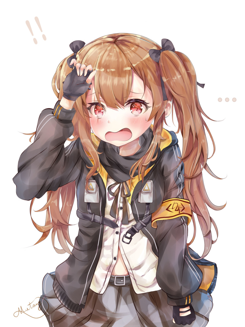 ... 1girl absurdres arm_up armband bangs belt belt_buckle black_bow black_gloves black_jacket blush bow brown_hair brown_ribbon buckle dress_shirt eyebrows_visible_through_hair fingerless_gloves girls_frontline gloves grey_belt grey_skirt hair_between_eyes hair_bow hair_ornament hairclip highres jacket long_hair long_sleeves looking_at_viewer mutang neck_ribbon open_clothes open_jacket open_mouth pleated_skirt puffy_long_sleeves puffy_sleeves red_eyes ribbon shirt simple_background skirt solo twintails ump9_(girls_frontline) very_long_hair white_background white_shirt