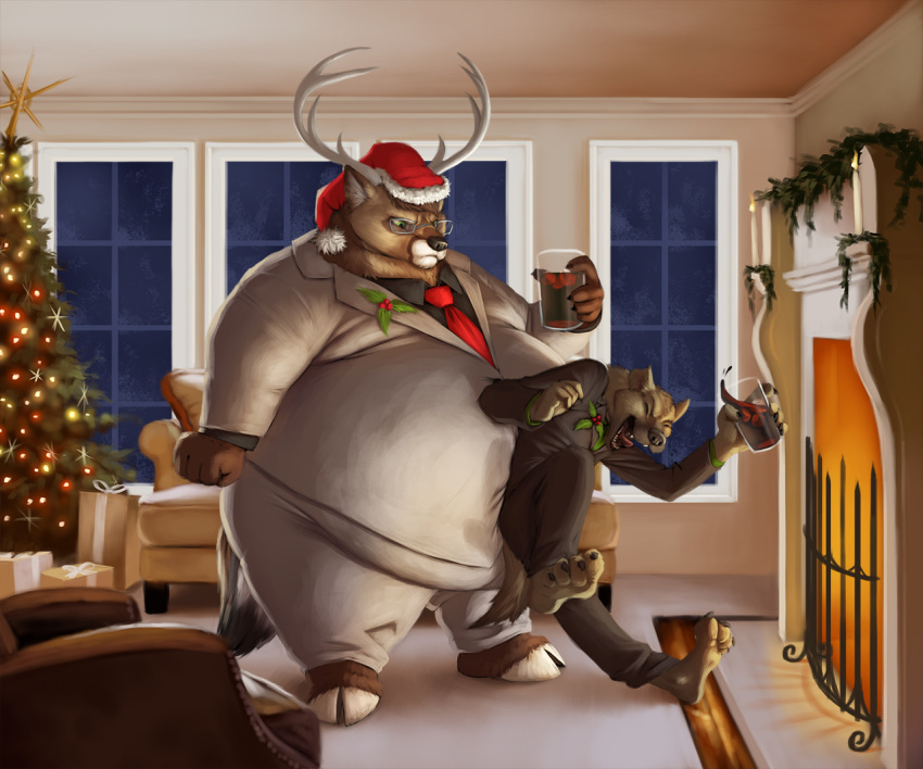 annoyed anthro antlers barefoot belly belly_overhang bent_over beverage big_belly brown_fur candle cervine christmas christmas_present christmas_star christmas_tree claws clothed clothing detailed_background duo eyes_closed eyewear fire fireplace fist fur gift glasses hat holding_beverage holding_object holidays holly_(plant) hooves horn hyena inside laugh lee_(ere) lou_(ere) male mammal necktie obese obese_male on_one_leg open_mouth overweight overweight_male plant santa_hat sofa standing sugarboy teeth thick_thighs toe_claws tongue tree window