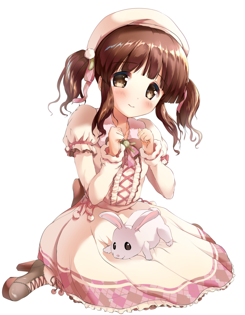 animal bangs beret blush boots bow brown_eyes brown_footwear brown_hair bunny closed_mouth commentary_request dress eyebrows_visible_through_hair frilled_dress frills fur-trimmed_boots fur_trim hair_bow hat head_tilt high_heel_boots high_heels highres idolmaster idolmaster_cinderella_girls kuroba_aki long_hair long_sleeves looking_at_viewer ogata_chieri on_lap pink_bow puffy_short_sleeves puffy_sleeves short_over_long_sleeves short_sleeves sidelocks simple_background solo twintails white_background white_dress white_hat