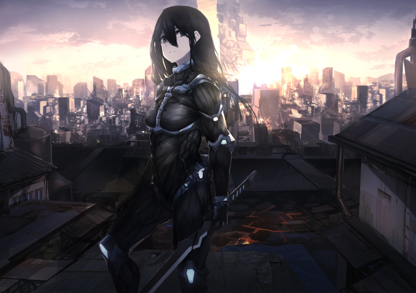 absurdres black_hair bodysuit building cityscape commentary_request copyright_request fixro2n frown grey_eyes hair_between_eyes highres holding holding_sword holding_weapon house huge_filesize long_hair looking_at_viewer official_art pale_skin power_suit rooftop science_fiction skin_tight skyscraper sun_glare sword weapon