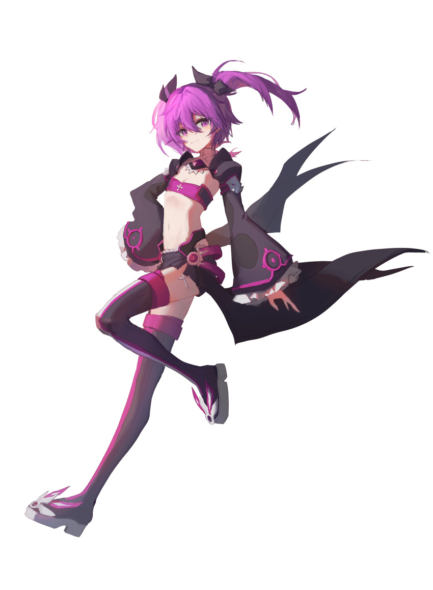 absurdres aisha_(elsword) black_bow black_legwear black_shorts black_sleeves bow bra breasts choker cleavage detached_sleeves elsword floating_hair frilled_sleeves frills hair_between_eyes hair_bow hand_on_hip highres leg_up long_hair long_sleeves looking_at_viewer midriff navel purple_bra purple_eyes purple_hair raeee short_shorts shorts simple_background small_breasts solo standing standing_on_one_leg stomach strapless strapless_bra thighhighs twintails underwear white_background wide_sleeves