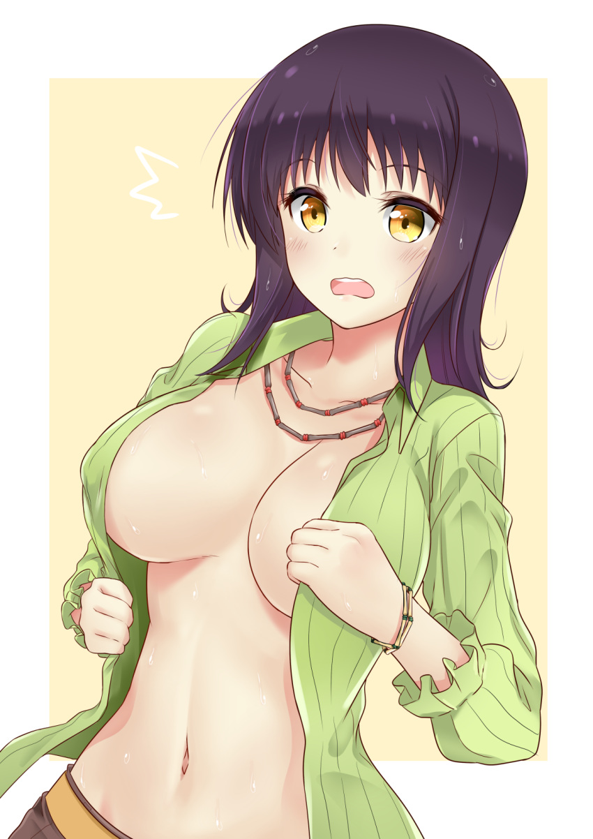 1girl bangs breasts brown_background brown_eyes brown_pants collarbone collared_shirt commentary covered_nipples eyebrows_visible_through_hair green_shirt highres itsuwa jewelry large_breasts long_hair long_sleeves looking_at_viewer mint_(cerbi) navel necklace no_bra open_clothes open_mouth open_shirt pants puffy_long_sleeves puffy_sleeves purple_hair shirt solo striped striped_shirt sweat to_aru_majutsu_no_index two-tone_background vertical-striped_shirt vertical_stripes white_background