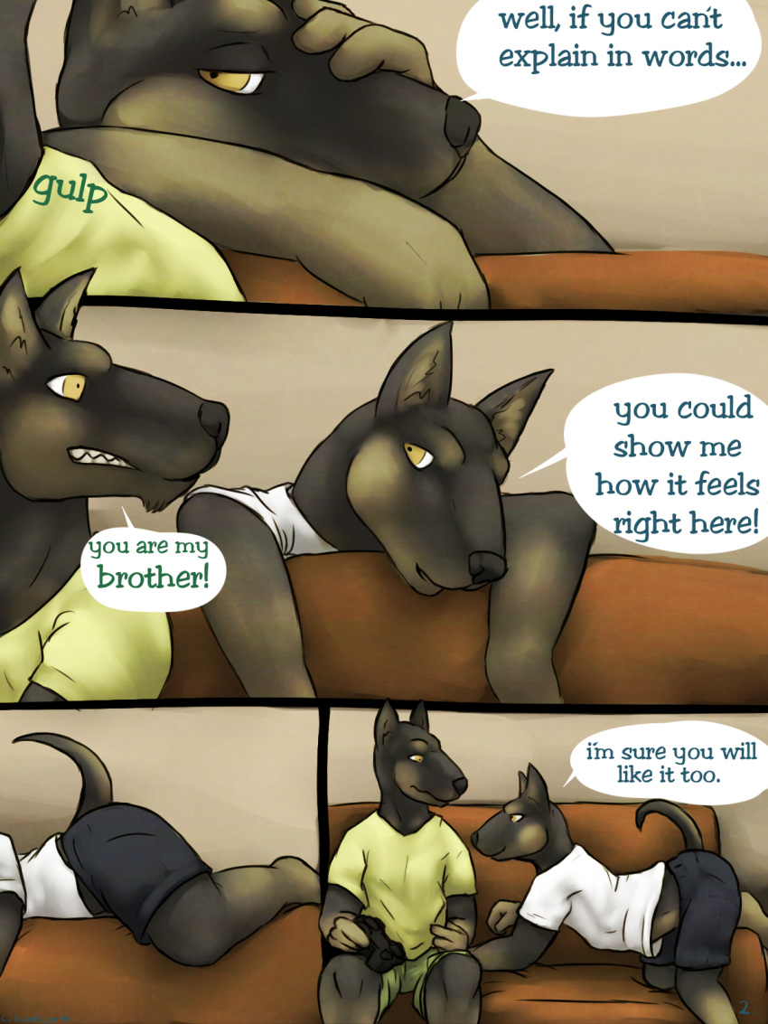 2013 anthro black_bottomwear black_clothing brother canine clothing comic controller curled_tail dialogue digital_media_(artwork) doberbrothers_comic doberman dog english_text game_controller green_bottomwear green_clothing hand_on_face hi_res lizardlars male mammal midriff pants shirt shorts sibling sofa speech_bubble text video_games white_clothing white_topwear yellow_clothing yellow_eyes yellow_topwear