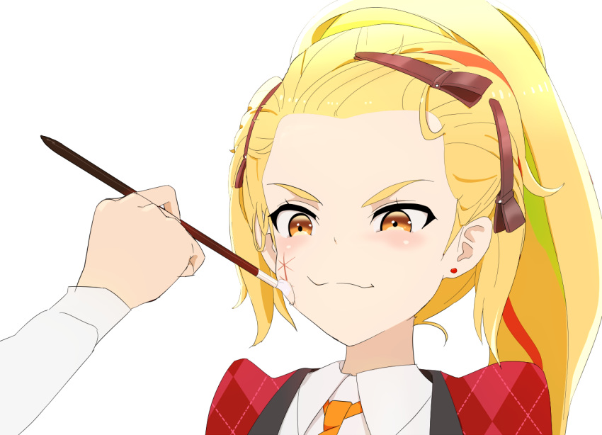 applying_makeup argyle blonde_hair collar commentary_request earrings facial_scar hair_ornament hairclip holding_brush jewelry long_hair makeup_brush multicolored_hair nikaidou_saki out_of_frame pettan ponytail scar smile solo_focus streaked_hair stud_earrings tatsumi_koutarou v-shaped_eyebrows zombie_land_saga