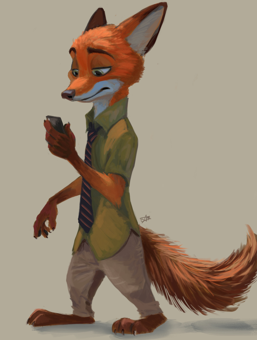 2016 4_fingers absurd_res anthro black_lips black_nose brown_fur canine cellphone claws clothed clothing digital_media_(artwork) disney dreamingwanderer eyebrows fox full-length_portrait fur gloves_(marking) green_eyes hi_res inner_ear_fluff male mammal markings necktie nick_wilde orange_fur pants pawpads phone plantigrade portrait red_fox shadow shirt simple_background snout solo standing tan_background toe_claws white_fur zootopia