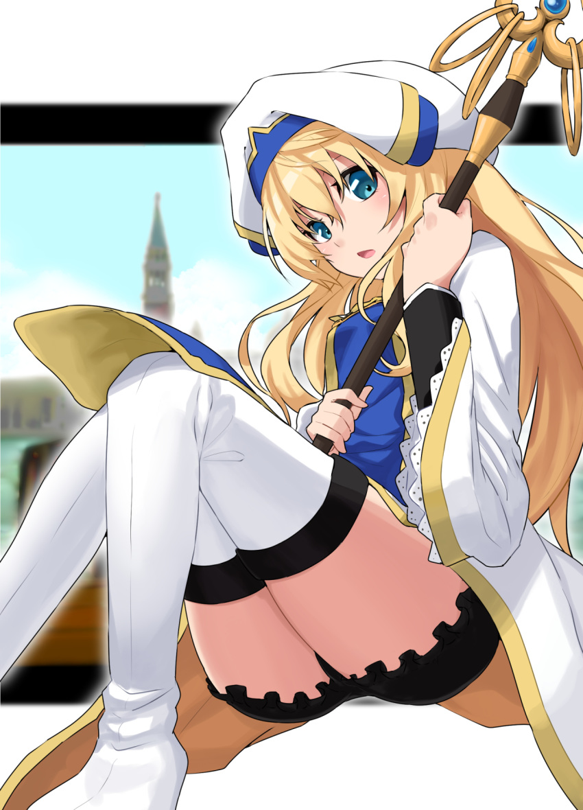 ass blonde_hair blue_eyes blush boots dress frilled_shorts frills goblin_slayer! hat highres holding holding_staff long_hair long_sleeves looking_at_viewer open_mouth priestess_(goblin_slayer!) route1911 shorts solo staff thigh_boots thighhighs wide_sleeves zettai_ryouiki