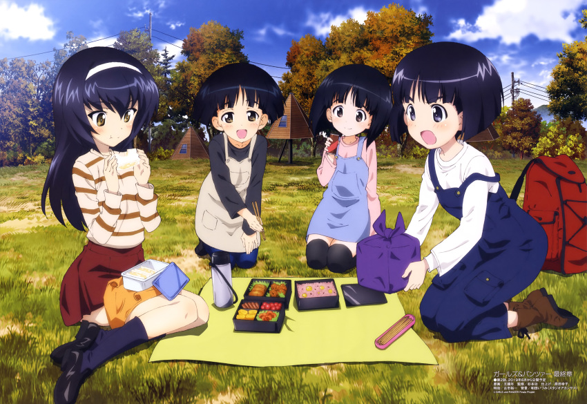 absurdres backpack bag black_hair blanket blue_sky brown_eyes buttons chopsticks closed_mouth cloud container croquette drink eating field food fried_chicken girls_und_panzer gotou_moyoko grass grey_eyes hairband highres holding holding_chopsticks kneeling konparu_nozomi lunch lunchbox magazine_scan megami mountain multiple_girls obentou official_art omelet onigiri open_mouth outdoors overalls picnic pocket power_lines red_skirt reizei_mako sandwich scan shoes skirt sky smile socks sono_midoriko sweater thermos thighhighs tomato tree triplets wang_guo_nian yellow_eyes