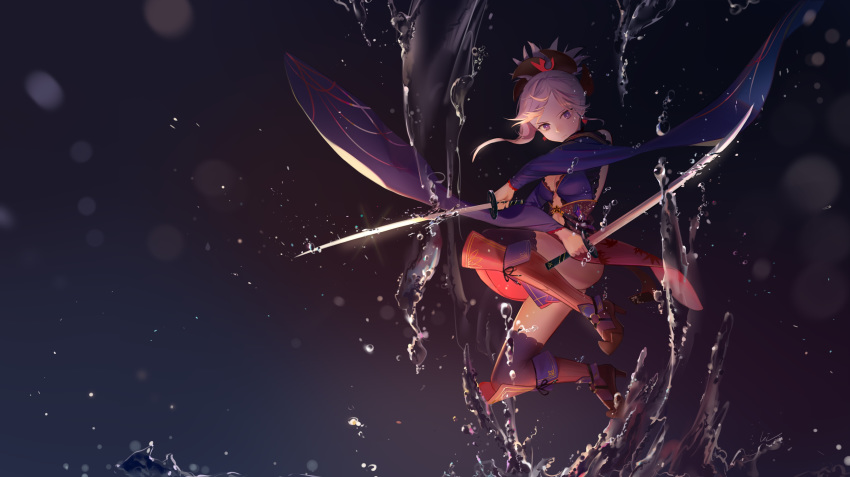 absurdres blue_legwear breasts cleavage detached_sleeves dual_wielding fate/grand_order fate_(series) floating_hair hair_ornament high_ponytail highres holding holding_sword holding_weapon katana leiq long_hair long_sleeves medium_breasts miyamoto_musashi_(fate/grand_order) purple_eyes purple_sleeves silver_hair solo sword thighhighs water weapon wide_shot wide_sleeves