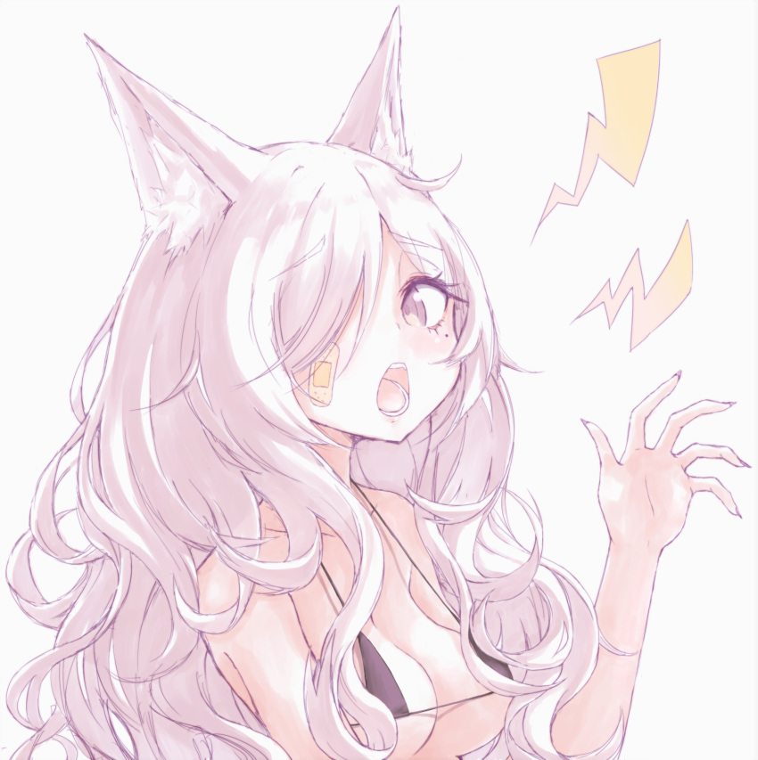 animal_ear_fluff animal_ears bandaid bandaid_on_cheek bangs bare_shoulders bikini_top black_bikini_top blush breasts buran_(kure) claw_pose cleavage collarbone commentary_request eyebrows_visible_through_hair fingernails fox_ears grey_background hair_over_one_eye hand_up highres long_hair looking_at_viewer medium_breasts open_mouth original simple_background solo upper_body very_long_hair white_hair yellow_eyes