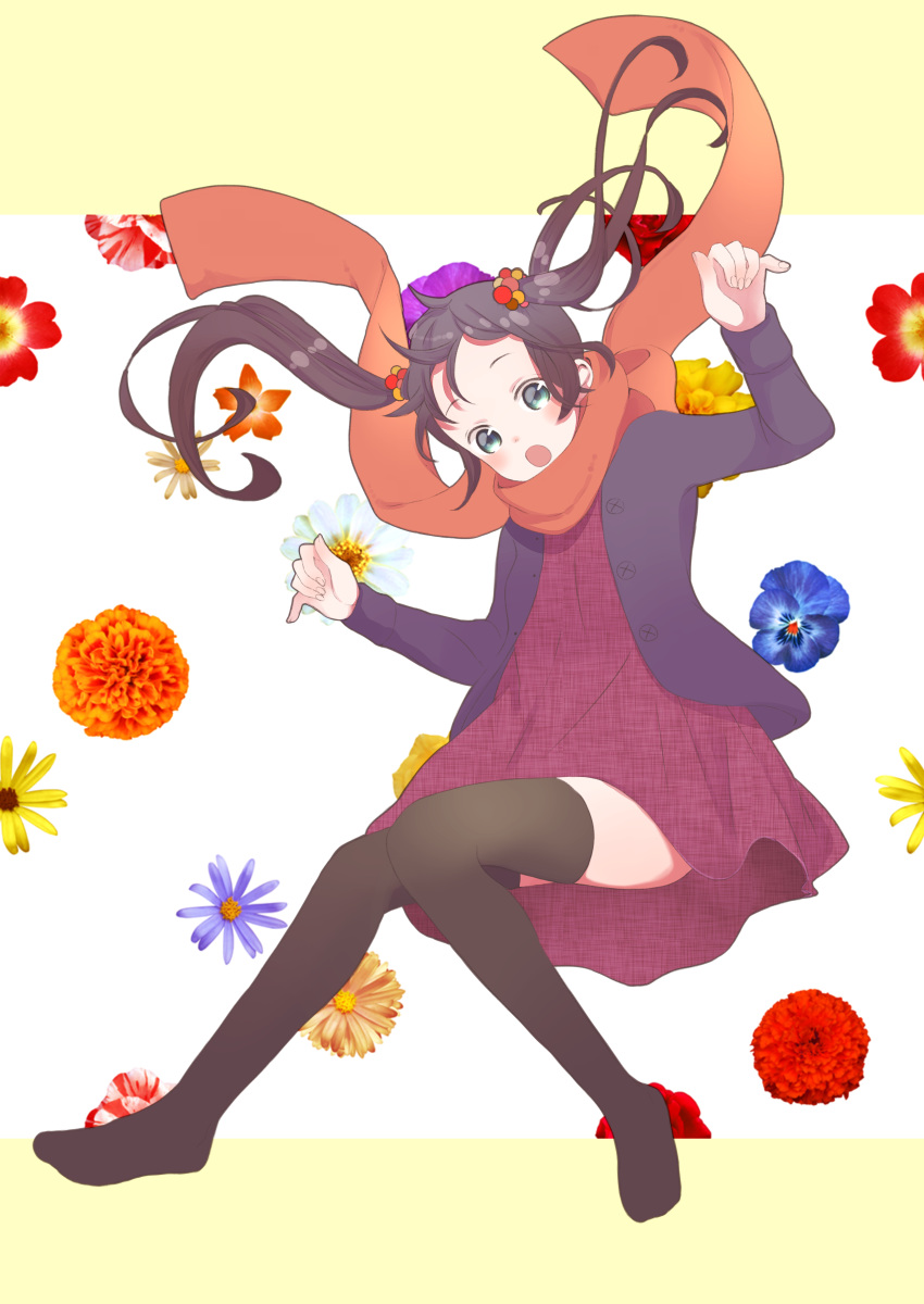 :o absurdres arm_up bangs beige_background blue_eyes blue_flower blush brown_hair brown_legwear commentary_request dress fingernails flower forehead full_body hair_ornament hand_up highres hiroshi_(jasinloki) jacket long_hair long_sleeves looking_at_viewer no_shoes open_clothes open_jacket open_mouth orange_scarf original purple_flower purple_jacket red_dress red_flower red_rose rose scarf solo thighhighs twintails two-tone_background unmoving_pattern very_long_hair white_background white_flower yellow_flower
