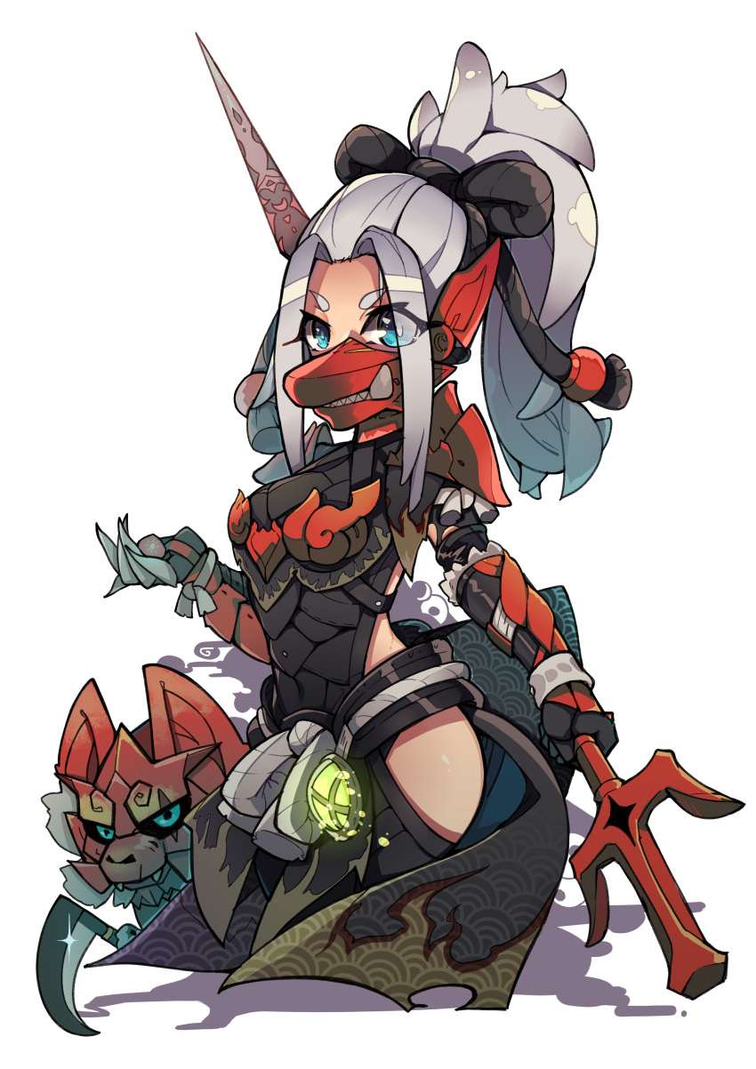 armor blue_eyes breastplate chibi covered_mouth felyne gloves grey_hair highres hip_vent lyu monster_hunter monster_hunter:_world odogaron_(armor) polearm ponytail weapon white_background