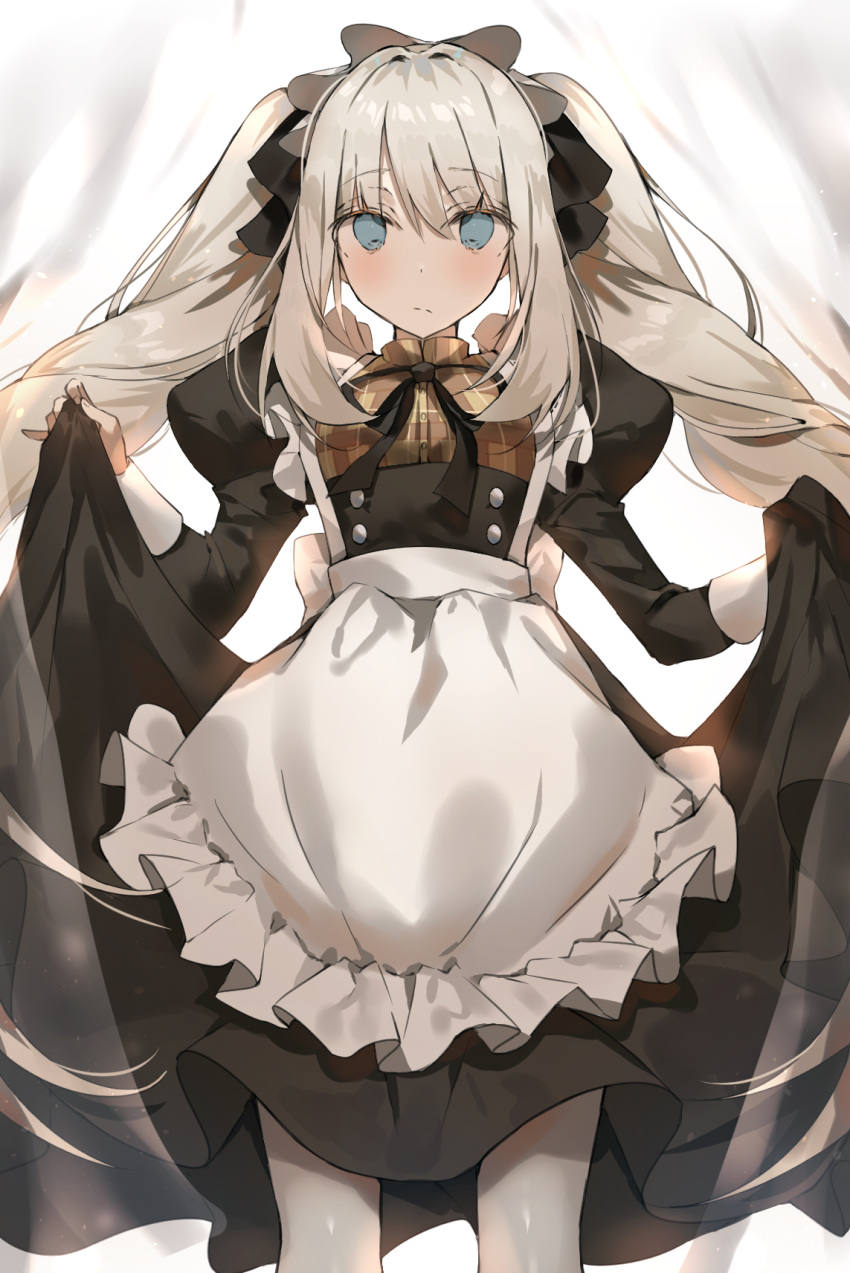 black_bow black_ribbon black_shirt black_skirt blue_eyes blush bow eyebrows_visible_through_hair fate/grand_order fate_(series) floating_hair grey_apron grey_legwear hair_between_eyes hair_bow highres long_hair long_skirt long_sleeves looking_at_viewer marie_antoinette_(fate/grand_order) neck_ribbon pantyhose ribbon shiny shiny_hair shirt silver_hair skirt skirt_hold solo standing twintails very_long_hair yuuko_(030_yuko)