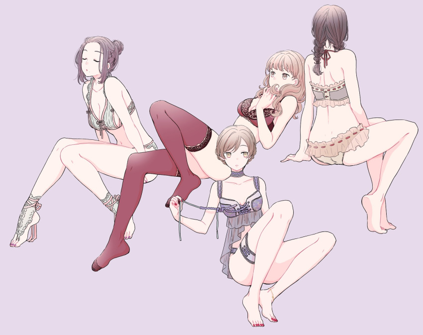 ass babydoll bare_arms bare_legs bare_shoulders barefoot barefoot_sandals bra breasts bridal_legwear brown_bra brown_eyes brown_hair brown_panties collarbone commentary english_commentary highres lace lace-trimmed_thighhighs light_brown_hair lingerie long_hair maru_(memoriatechnica) multiple_girls no_shoes original panties purple_background red_bra red_legwear red_neckwear ribbon-trimmed_bra ribbon-trimmed_panties ribbon_trim see-through simple_background small_breasts thighhighs toenail_polish toenails underwear underwear_only white_bra white_panties