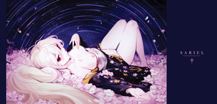 black_kimono blonde_hair breasts closed_mouth commentary floral_print flower flower_bed highres japanese_clothes k_(sktchblg) kimono kimono_tug knees_up long_hair long_sleeves looking_at_viewer lying nipples obi on_back open_hand original panties pink_flower red_eyes sash small_breasts smile solo underwear very_long_hair white_panties wide_sleeves