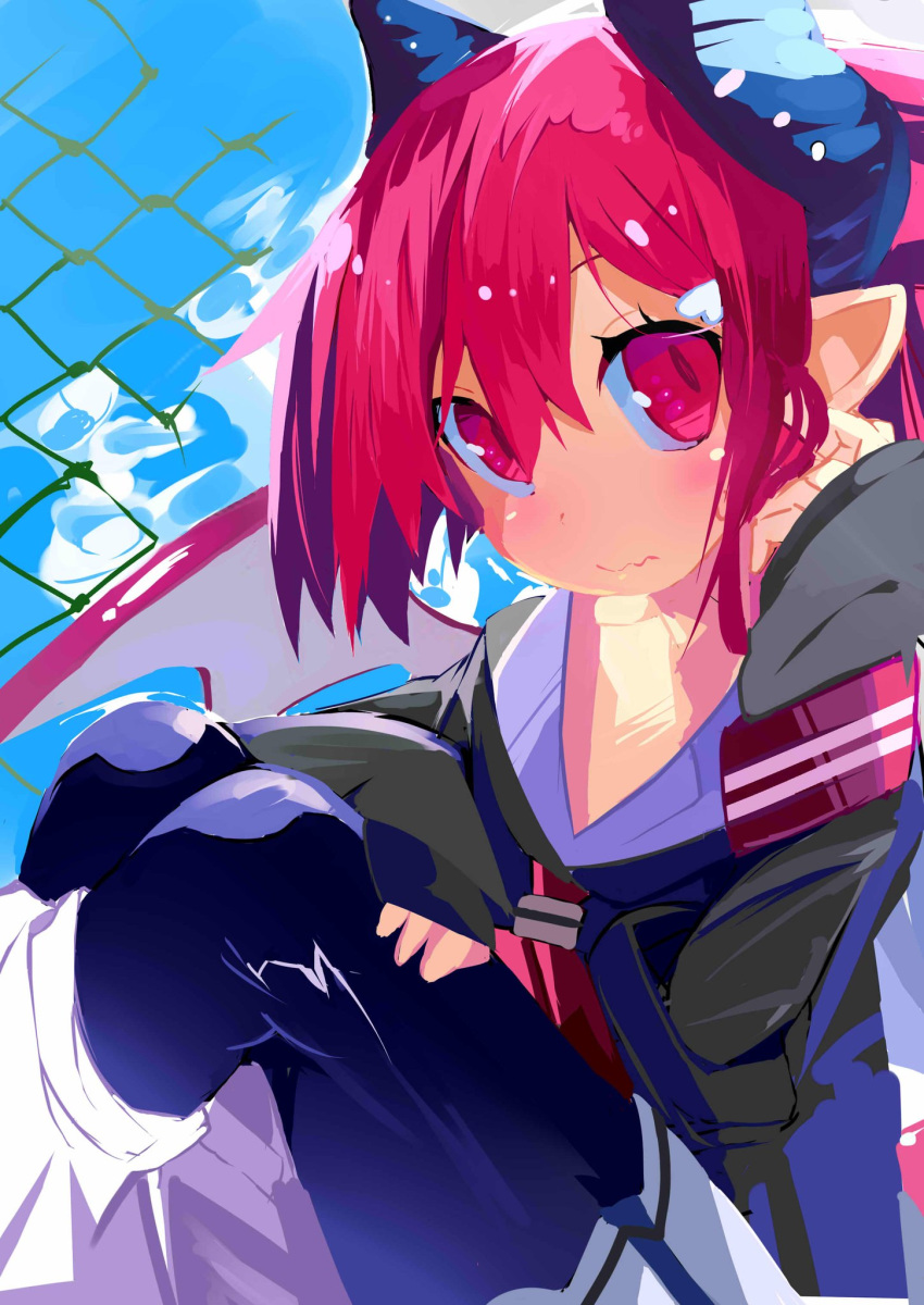 blush chain-link_fence commentary_request demon_girl disgaea fence highres holding horns looking_at_viewer makai_senki_disgaea_3 miyakawa106 pink_eyes pink_hair pointy_ears raspberyl school_uniform short_hair solo wings