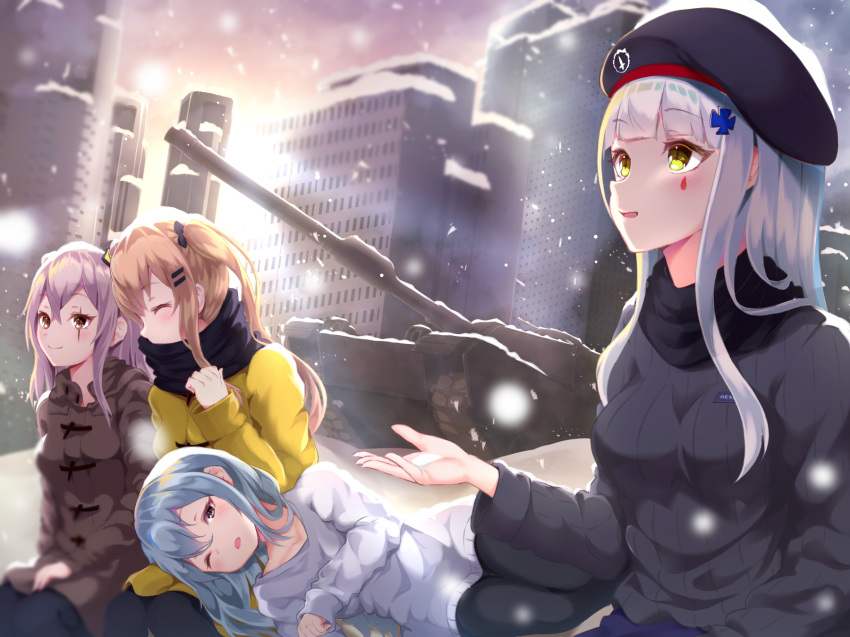 4girls :o ;o ^_^ alternate_costume backlighting bangs beret black_bow black_hat black_pants black_scarf black_sweater blue_hair blurry blush bow breasts brown_eyes brown_hair brown_jacket building casual caterpillar_tracks city cityscape closed_eyes closed_mouth commentary_request covered_mouth day depth_of_field eyebrows_visible_through_hair facial_mark g11_(girls_frontline) girls_frontline green_eyes ground_vehicle hair_between_eyes hair_bow hair_ornament hairclip hand_up hat highres hk416_(girls_frontline) inora jacket lap_pillow long_hair long_sleeves looking_at_viewer looking_up lying medium_breasts military military_vehicle motor_vehicle multiple_girls on_side one_eye_closed outdoors pants parted_lips profile ribbed_sweater scarf sidelocks silver_hair sitting sky sleeves_past_wrists smile snow snowing sunlight sweater tank turret twintails ump45_(girls_frontline) ump9_(girls_frontline) white_hair white_sweater winter winter_clothes yellow_jacket