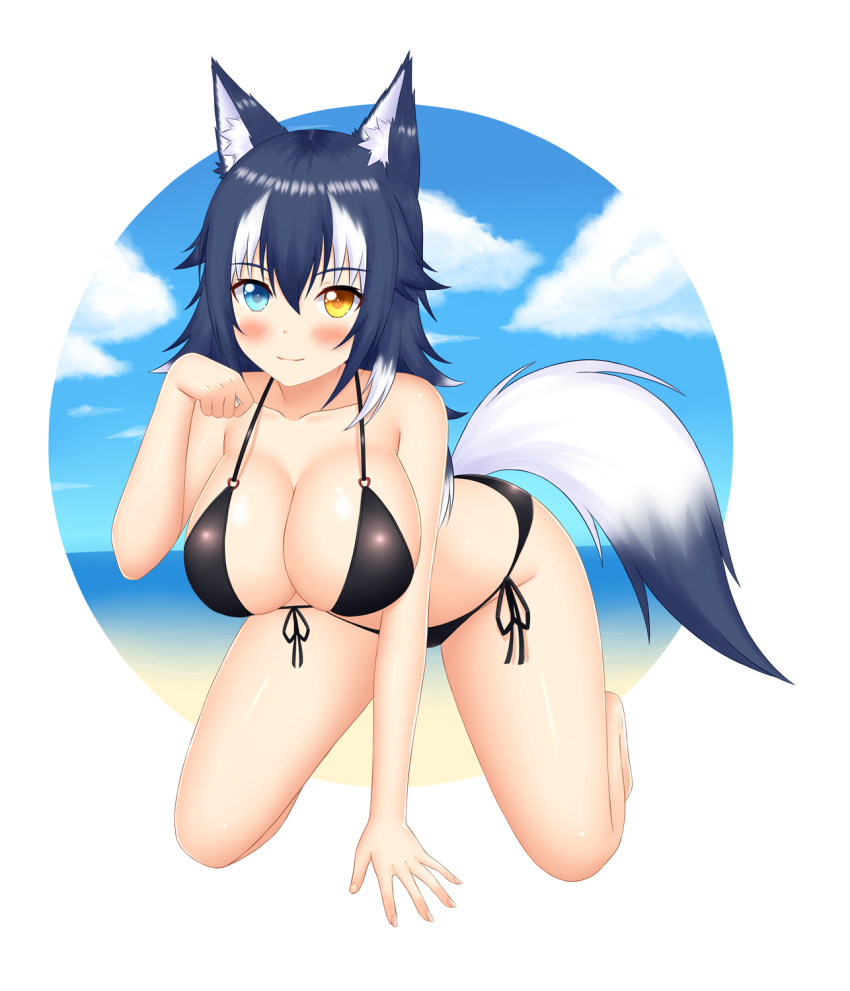 all_fours animal_ears bangs bare_legs bare_shoulders bikini black_bikini black_hair blue_eyes blush breasts cleavage collarbone commentary english_commentary eyebrows_visible_through_hair front-tie_bikini front-tie_top grey_wolf_(kemono_friends) hair_between_eyes hand_up heterochromia highres kemono_friends keshigomu large_breasts looking_at_viewer multicolored_hair paw_pose side-tie_bikini smile solo swimsuit tail two-tone_hair white_hair wolf_ears wolf_tail yellow_eyes