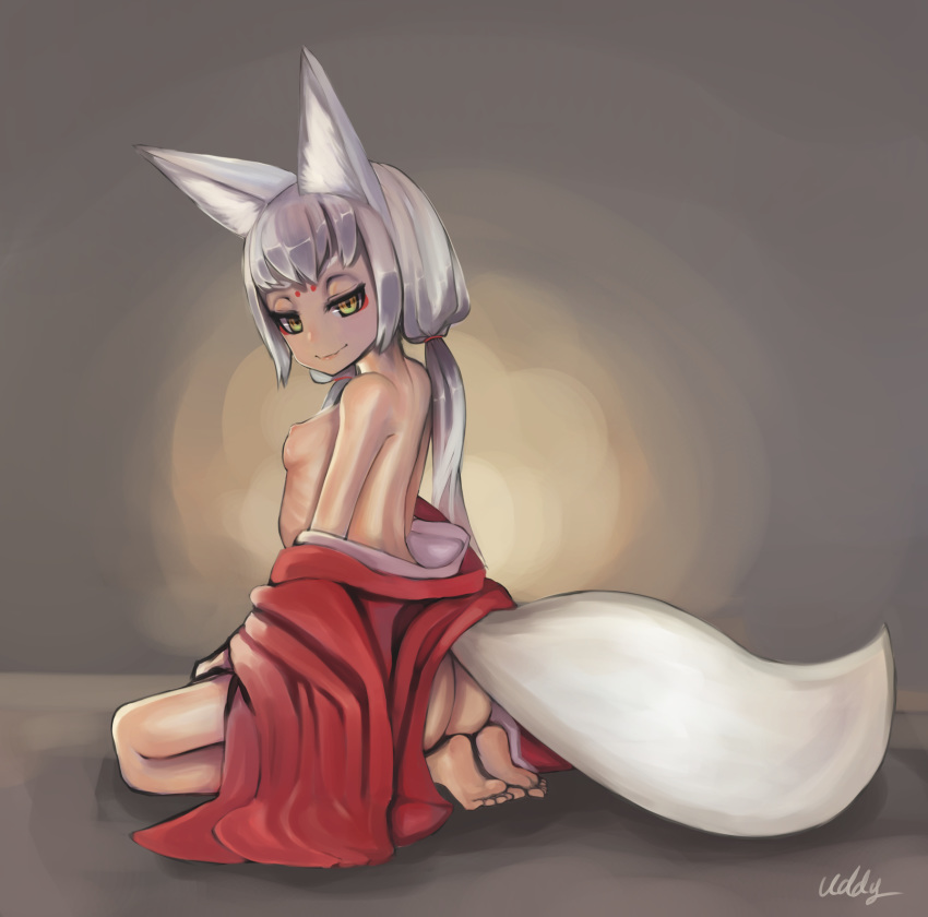 animal_ear_fluff animal_ears ass bangs bare_back barefoot bottomless breasts come_hither commentary_request eyeshadow fox_ears fox_tail from_behind highres japanese_clothes kimono kimono_pull makeup nipples open_clothes open_kimono original ponytail red_eyeshadow seiza sitting small_breasts solo tail uddy white_hair yellow_eyes