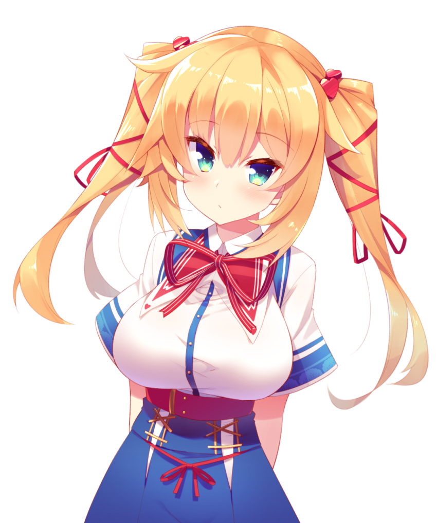 akai_haato alternate_hairstyle arms_behind_back bangs blonde_hair blue_eyes blue_skirt blush breasts closed_mouth commentary eyebrows_visible_through_hair hair_ornament hair_ribbon heart heart_hair_ornament highres hololive hoppege large_breasts long_hair looking_at_viewer red_ribbon ribbon short_sleeves skirt solo transparent_background twintails virtual_youtuber