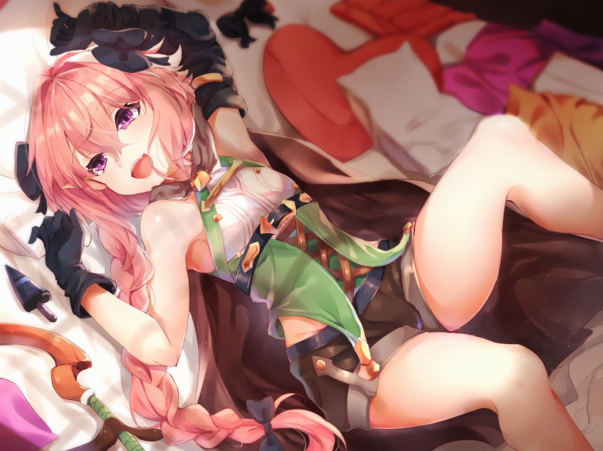 :d astolfo_(fate) bangs bare_legs black_bow black_gloves blush bow bow_(weapon) braid cape chest_strap cosplay elbow_gloves elf eyebrows_visible_through_hair fate/apocrypha fate_(series) gloves goblin_slayer! hair_between_eyes hair_bow high_elf_archer_(goblin_slayer!) high_elf_archer_(goblin_slayer!)_(cosplay) highres indoors long_braid long_hair looking_at_viewer lying male_focus mismatched_gloves nahaki on_back on_bed open_mouth otoko_no_ko pillow pink_hair pointy_ears purple_eyes shorts single_braid single_elbow_glove sleeveless smile solo weapon