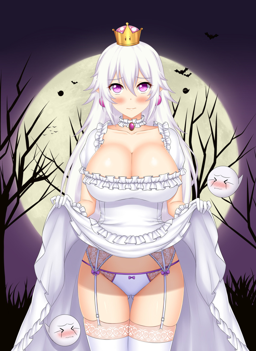 &gt;_&lt; ass_visible_through_thighs bangs bat blush boo bow bow_panties breasts cleavage collarbone commentary crown dress dress_lift earrings english_commentary eyebrows_visible_through_hair frilled_dress frilled_gloves frills full_moon garter_belt gloves hair_between_eyes highres huge_breasts jewelry keshigomu lifted_by_self long_hair looking_at_viewer luigi's_mansion mario_(series) moon new_super_mario_bros._u_deluxe night outdoors panties princess_king_boo puffy_short_sleeves puffy_sleeves purple_eyes short_sleeves skindentation super_crown thigh_gap thighhighs underwear wavy_mouth white_dress white_gloves white_hair white_legwear