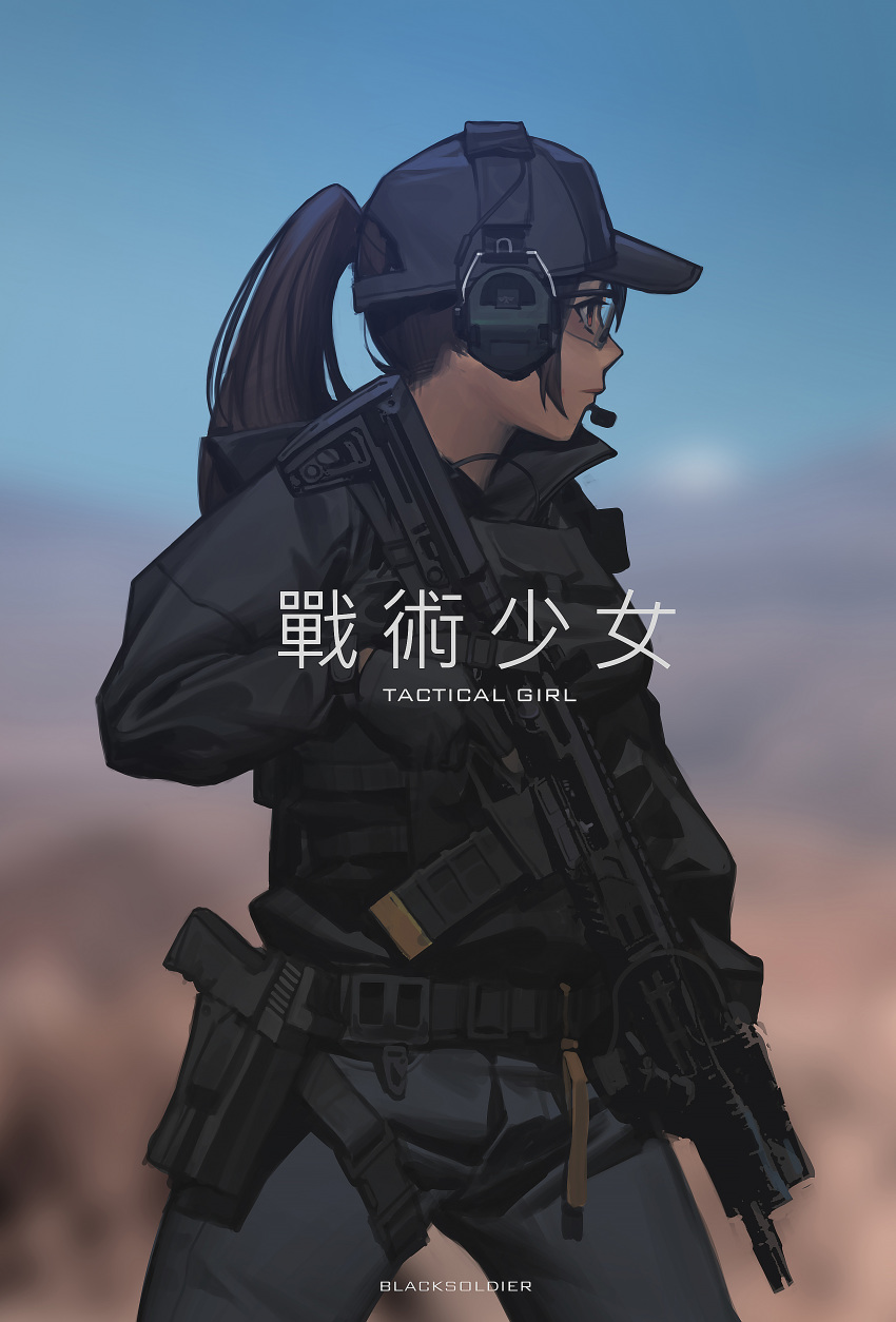 absurdres ar-15 artist_name baseball_cap black_gloves black_hat black_jacket black_pants black_soldier blurry blurry_background brown_hair commentary_request depth_of_field english finger_on_trigger gloves gun handgun hat headphones headset highres holding holding_gun holding_weapon jacket long_hair looking_away original pants pistol ponytail profile rifle safety_glasses solo weapon weapon_request