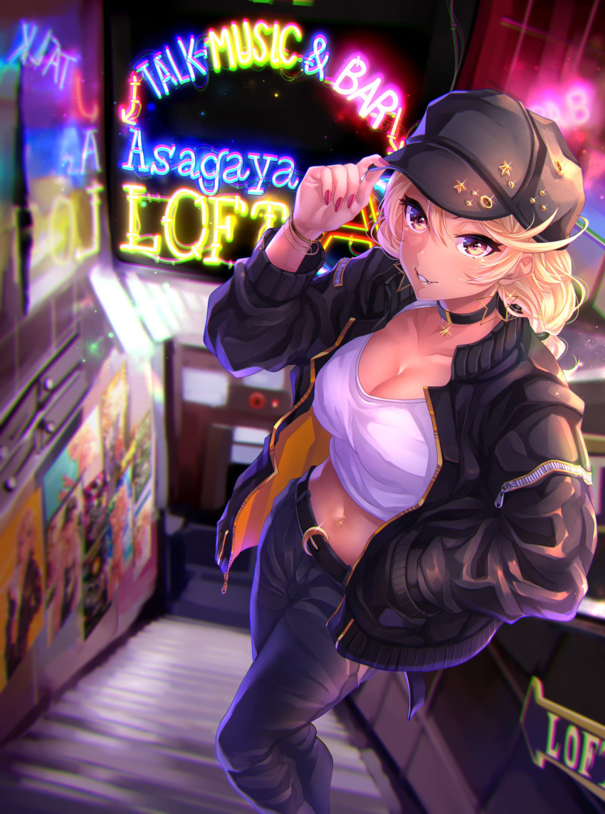 amaryllis belt blonde_hair blurry blush bracelet breasts cabbie_hat choker cleavage collarbone commentary_request cropped_shirt depth_of_field fake_nails fang fang_out hand_in_pocket hat hat_tip highres jacket jewelry jpeg_artifacts large_breasts midriff navel navel_piercing neon_lights open_clothes open_jacket ouga_saki pants parted_lips piercing shirt solo tdnd-96 virtual_youtuber white_shirt