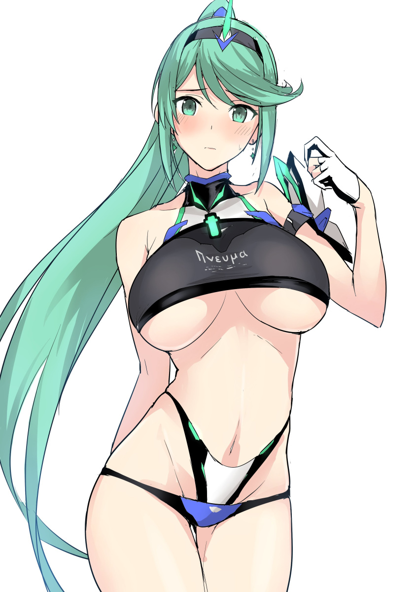 absurdres armlet bangs bare_shoulders bikini black_bikini black_gloves blush breasts breasts_apart cowboy_shot earrings eyebrows_visible_through_hair frown gloves green_eyes green_hair hairband half_gloves harukon_(halcon) highres horn jewelry layered_bikini long_hair looking_at_viewer navel partly_fingerless_gloves pneuma_(xenoblade_2) ponytail simple_background solo spoilers swept_bangs swimsuit underboob very_long_hair white_background xenoblade_(series) xenoblade_2