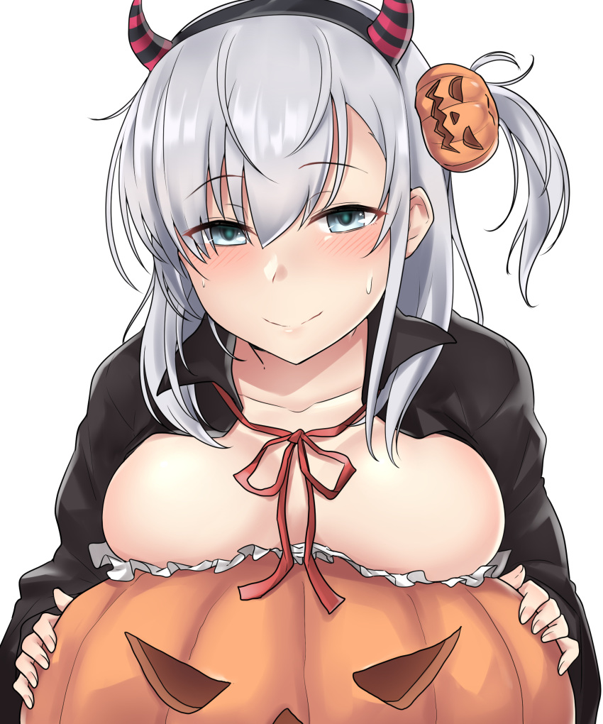 absurdres black_dress blush breast_rest breasts cape cleavage collarbone commentary_request demon_costume dress fake_horns food_themed_hair_ornament frilled_dress frills grey_eyes hair_between_eyes hair_ornament halloween halloween_costume highres horns kantai_collection kiritto long_hair looking_at_viewer medium_breasts one_side_up pumpkin pumpkin_hair_ornament silver_eyes silver_hair solo suzutsuki_(kantai_collection) sweatdrop white_background white_hair