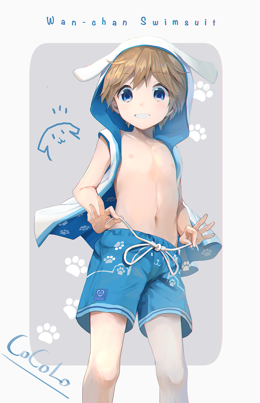 absurdres animal_hood bare_chest blue_eyes chest chromatic_aberration cocolo_(co_co_lo) commentary_request dog_hood english grin highres hood hood_up hoodie hoodie_vest light_brown_hair male_focus male_swimwear navel nipples original paw_print smile solo swim_trunks swimwear vest