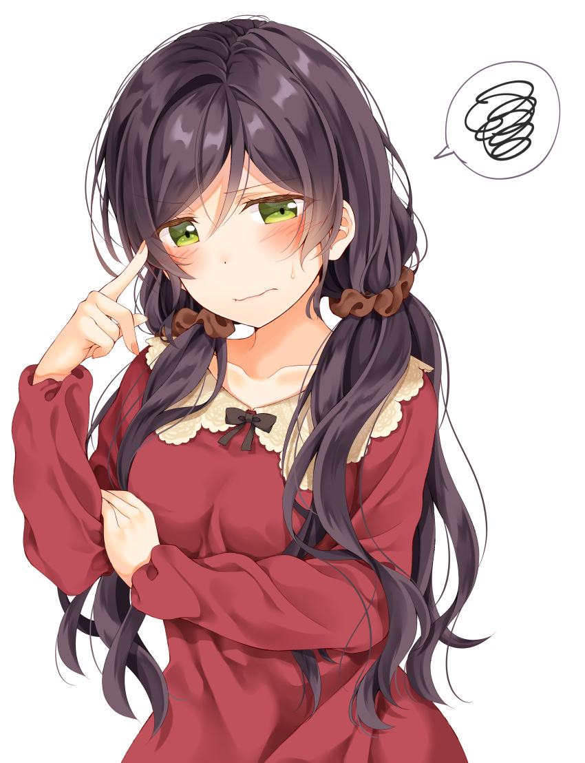 absurdres black_neckwear blush brown_scrunchie collarbone finger_to_head green_eyes hair_ornament hair_scrunchie hand_on_own_arm highres long_hair long_sleeves love_live! love_live!_school_idol_project mogu_(au1127) neck_ribbon purple_hair red_shirt ribbon scrunchie shirt simple_background solo spoken_squiggle squiggle sweatdrop toujou_nozomi twintails upper_body wavy_mouth white_background