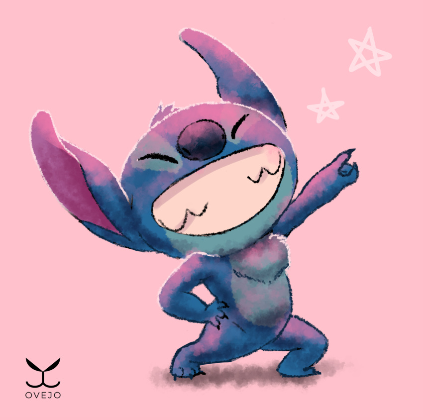 2018 4_fingers alien big_head blue_fur blue_nose chest_tuft claws digital_media_(artwork) disney experiment_(species) eyes_closed fur grin hand_on_hip head_tuft lilo_and_stitch ovejo pink_background pose simple_background smile solo star stitch toe_claws tuft