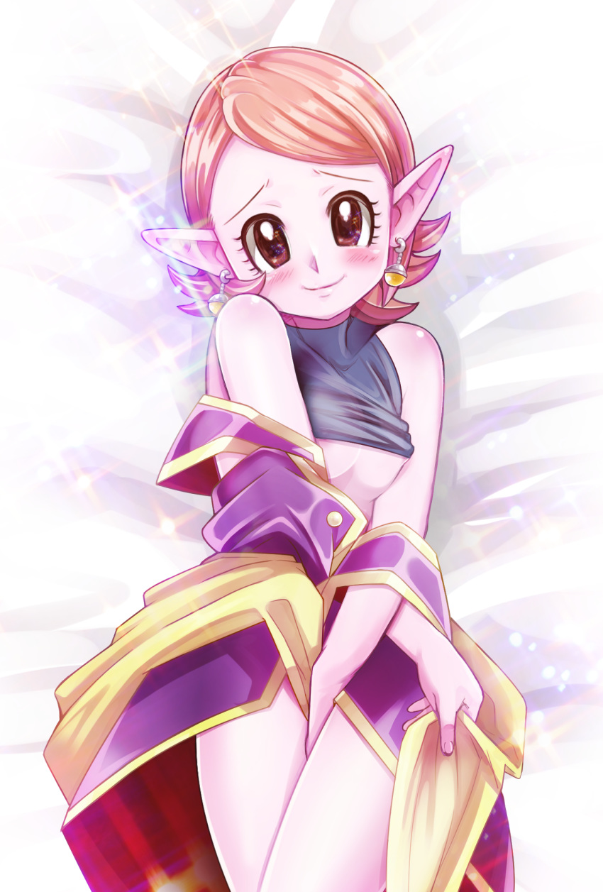 areola_slip areolae breasts chronoa dragon_ball dragon_ball_heroes earrings highres jewelry looking_at_viewer pink_hair pink_skin pointy_ears pomeranianko potara_earrings red_eyes short_hair smile solo sparkle underboob